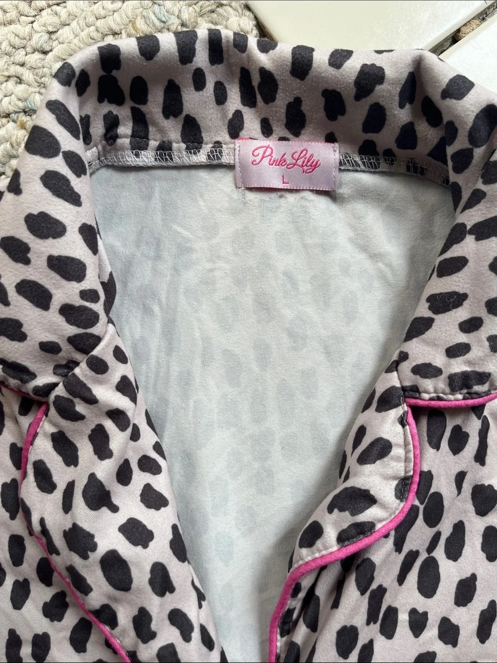Womens Pink Leopard-Print Pajama Set with Contrast Trim
